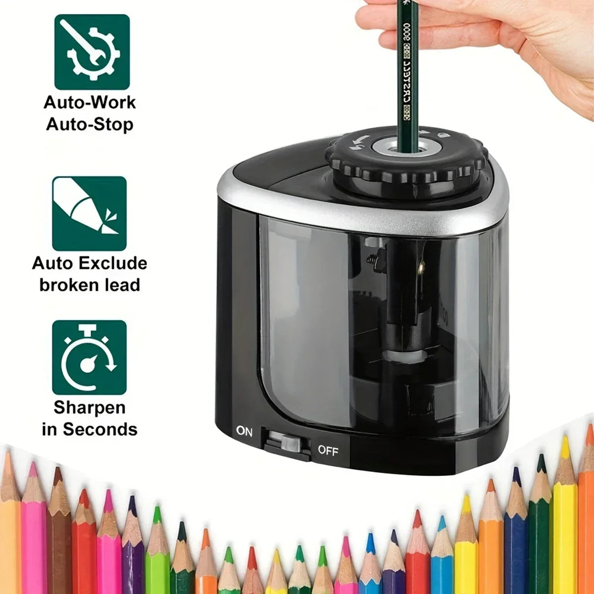 1PC Tenwin Electric Auto Pencil Sharpener Safe Student Helical Steel Blade Sharpener for Artists Kids Adults Colored Pencils