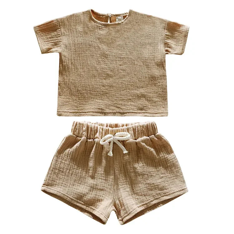Casual Children Clothing Boys Outfit Set Solid Color Cotton Linen Short Sleeve Tops Shorts 2 PCS Summer Kids Clothing 1-7 Years
