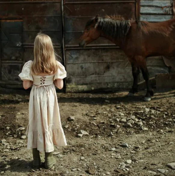 Children Clothing  Girls Dress 2023 Summer Cotton and Linen Back Adjustment Bubble Sleeve Princess Sweet Simple Dress for Girls