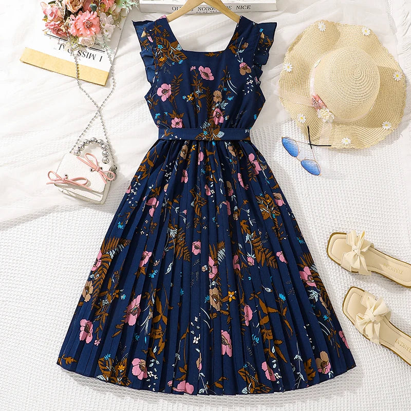 Tween Girls Summer Dress Square-Collar Sleeveless Pleated Dress Stylish Preteen Girls Dress Kids Dress