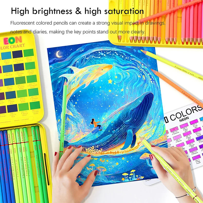 KALOUR Neon Colored Pencils Set 50pcs Fluorescent Metallic/Pastel Color Professional Drawing Art Kit for Adults Beginners Artist