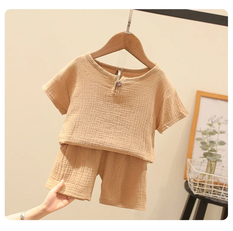Summer Children's Clothing Set for 0-6Y Boys & Girls Cotton Linen Muslin Suit T-shirt Tops + Shorts 2pcs Baby Loungewear Outfit