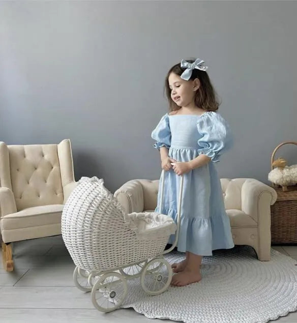 Children Clothing  Girls Dress 2023 Summer Cotton and Linen Back Adjustment Bubble Sleeve Princess Sweet Simple Dress for Girls
