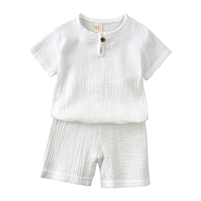 Summer Children's Clothing Set for 0-6Y Boys & Girls Cotton Linen Muslin Suit T-shirt Tops + Shorts 2pcs Baby Loungewear Outfit