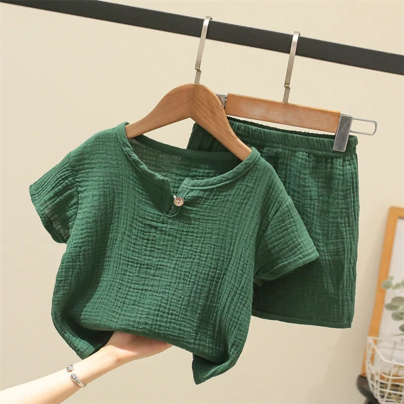 Summer Children's Clothing Set for 0-6Y Boys & Girls Cotton Linen Muslin Suit T-shirt Tops + Shorts 2pcs Baby Loungewear Outfit