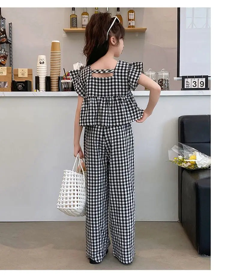 Fashion Kids Girls Clothing Sets 2025 Summer Sleeveless T-shirts + Plaid Wide Leg Pants 2PCS Children's Clothes Teen 4-14 Years