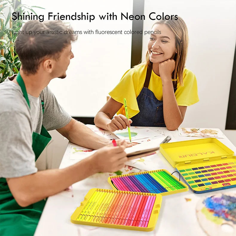 KALOUR Neon Colored Pencils Set 50pcs Fluorescent Metallic/Pastel Color Professional Drawing Art Kit for Adults Beginners Artist