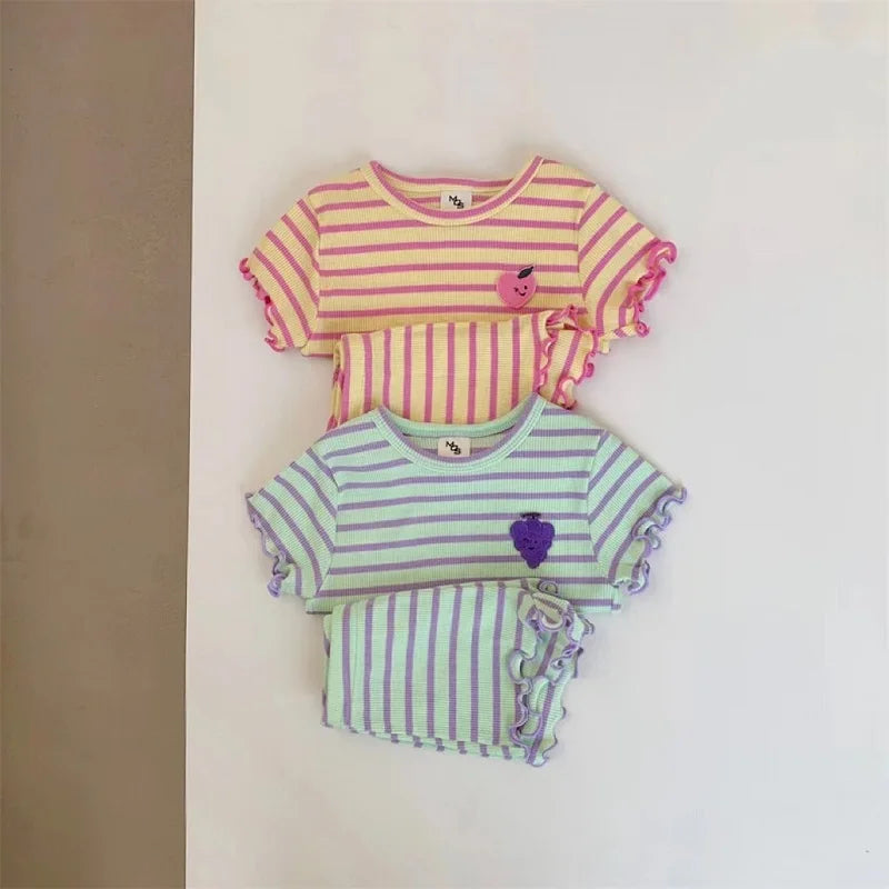 Children's clothing 0-3 year old summer new striped pure cotton boy T-shirt shorts set beach vacation girl short sleeved set