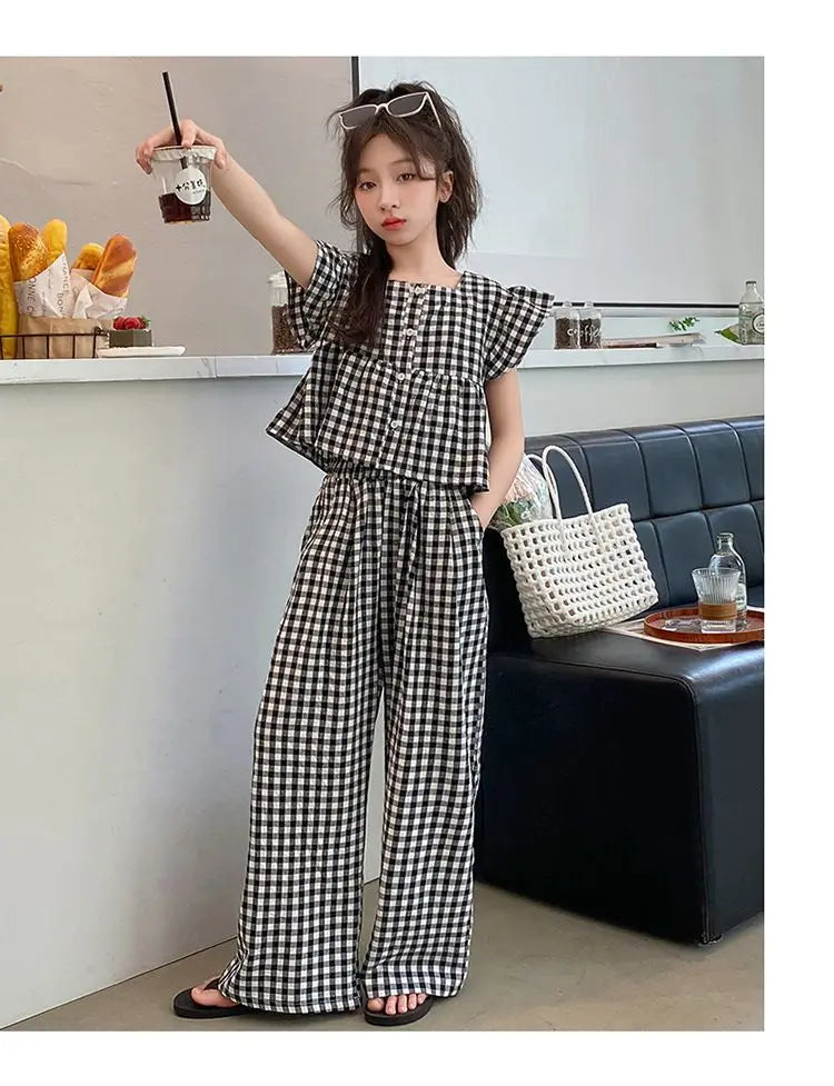 Fashion Kids Girls Clothing Sets 2025 Summer Sleeveless T-shirts + Plaid Wide Leg Pants 2PCS Children's Clothes Teen 4-14 Years