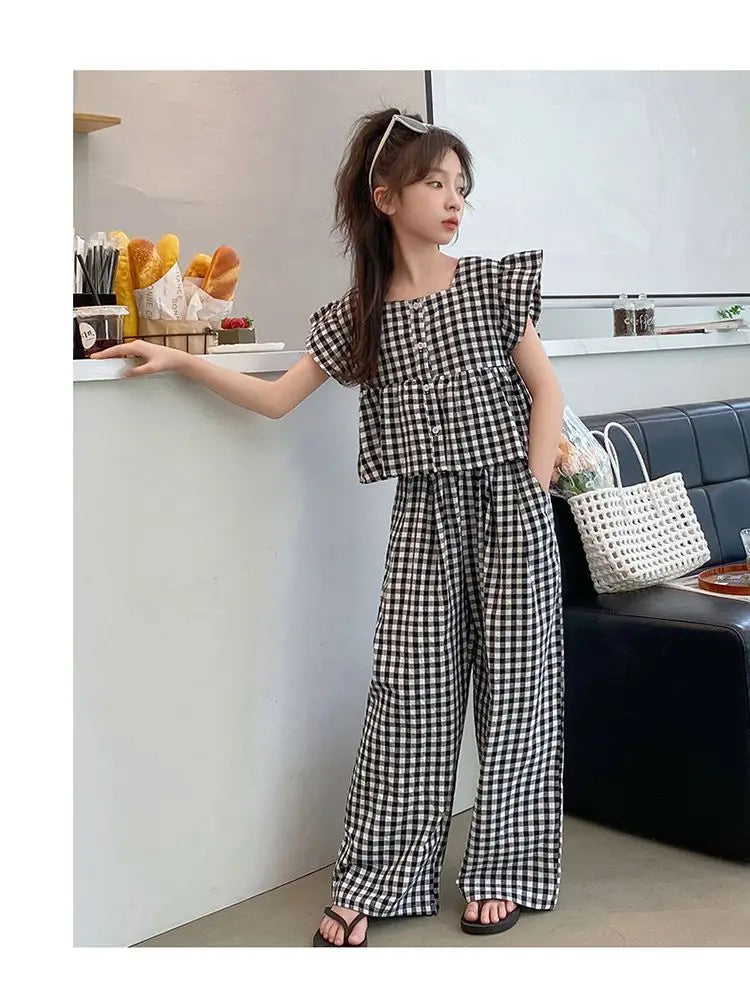 Fashion Kids Girls Clothing Sets 2025 Summer Sleeveless T-shirts + Plaid Wide Leg Pants 2PCS Children's Clothes Teen 4-14 Years