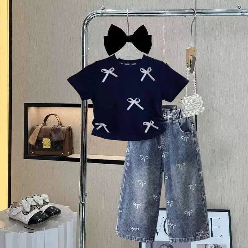 Children's Clothing Sets Girls Bow Top Suit Kids Short-Sleeved T-Shirt Jeans 2 Pieces Summer New Sweet Fashion Outfit 3-10 Years