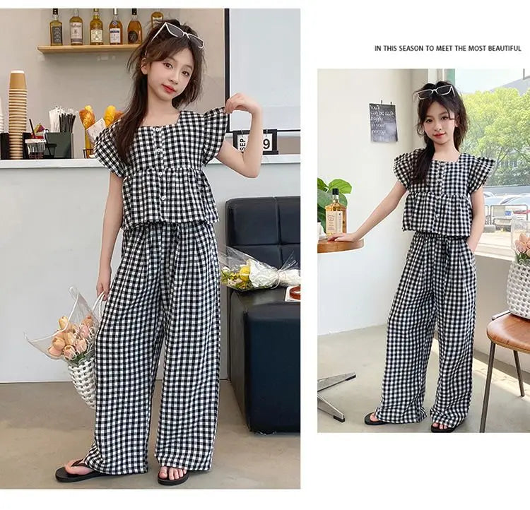 Fashion Kids Girls Clothing Sets 2025 Summer Sleeveless T-shirts + Plaid Wide Leg Pants 2PCS Children's Clothes Teen 4-14 Years
