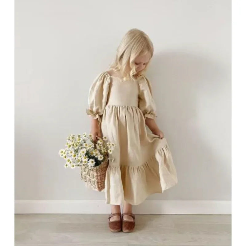 Children Clothing  Girls Dress 2023 Summer Cotton and Linen Back Adjustment Bubble Sleeve Princess Sweet Simple Dress for Girls