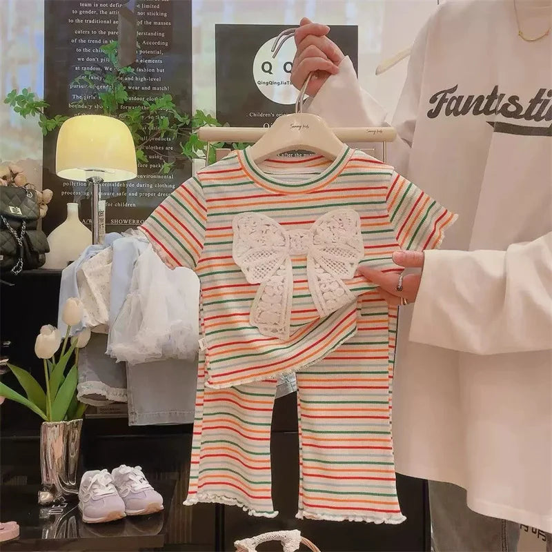 Children's Clothing Sets Girls Bow Top Suit Kids Short-Sleeved T-Shirt Jeans 2 Pieces Summer New Sweet Fashion Outfit 3-10 Years
