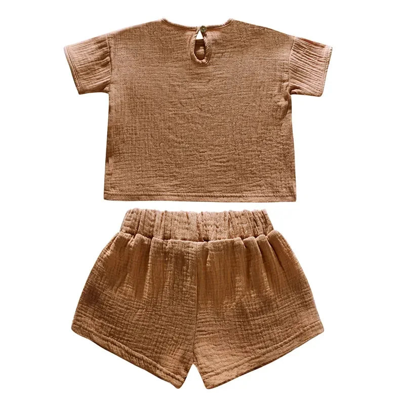 Casual Children Clothing Boys Outfit Set Solid Color Cotton Linen Short Sleeve Tops Shorts 2 PCS Summer Kids Clothing 1-7 Years