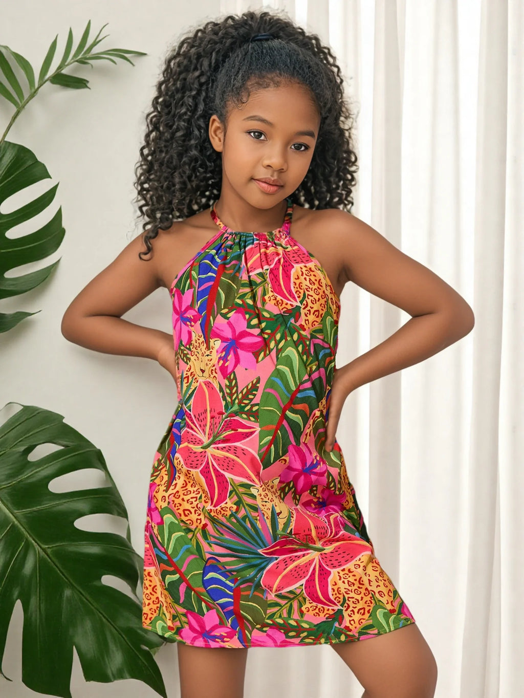 Summer Holiday Tween Girls' Vacation Casual Fashion Chiffon Ditsy Floral Halter Dress