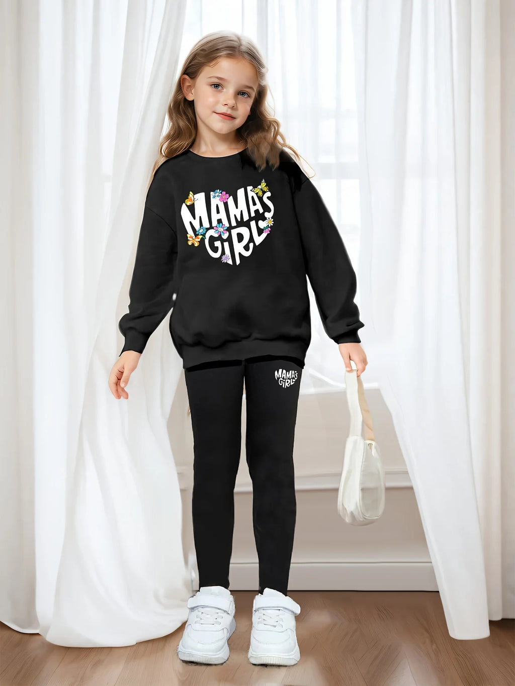 Children's Clothing Girls Suit“ Mama'Sgirl” Printed Long-Sleeved Sweatshirt + Tights 2-Piece Set for Home Comfort and Versatile Round Neck Top