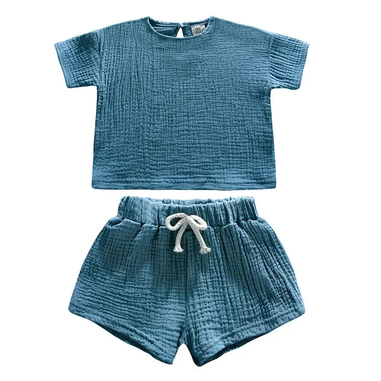 Casual Children Clothing Boys Outfit Set Solid Color Cotton Linen Short Sleeve Tops Shorts 2 PCS Summer Kids Clothing 1-7 Years