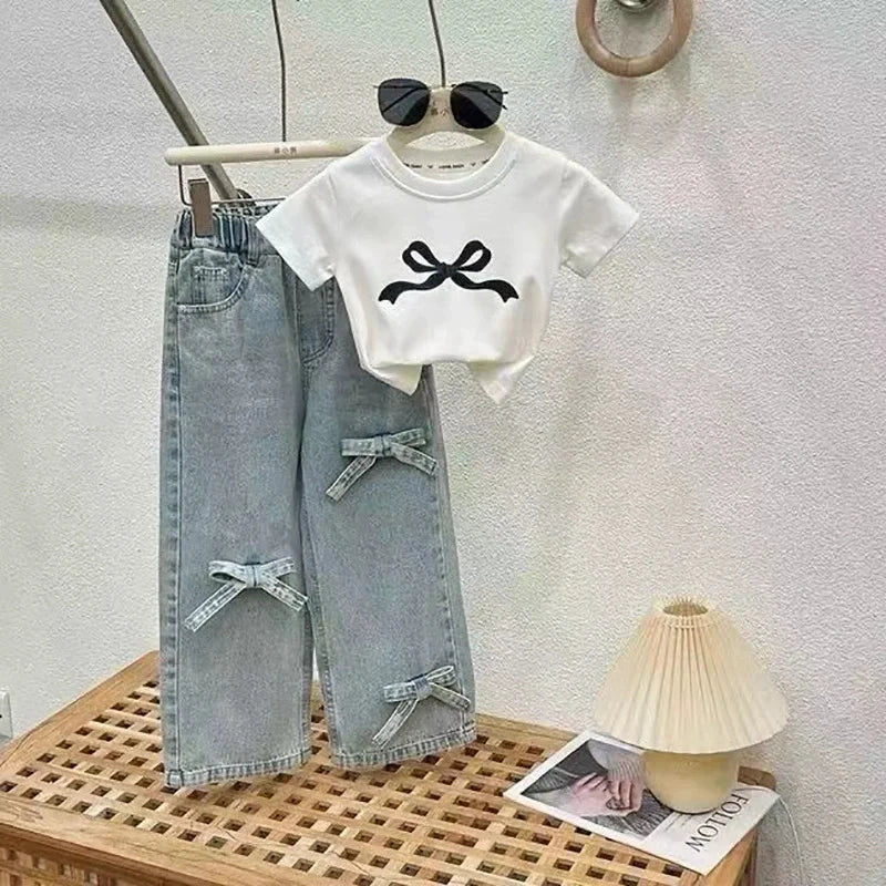 Children's Clothing Sets Girls Bow Top Suit Kids Short-Sleeved T-Shirt Jeans 2 Pieces Summer New Sweet Fashion Outfit 3-10 Years