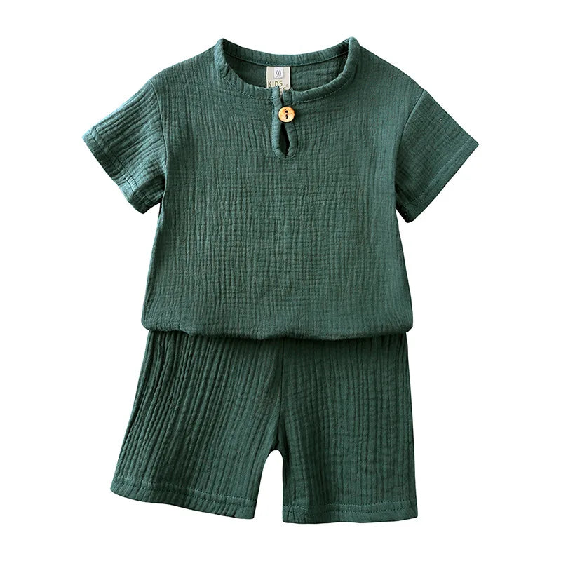 Summer Children's Clothing Set for 0-6Y Boys & Girls Cotton Linen Muslin Suit T-shirt Tops + Shorts 2pcs Baby Loungewear Outfit