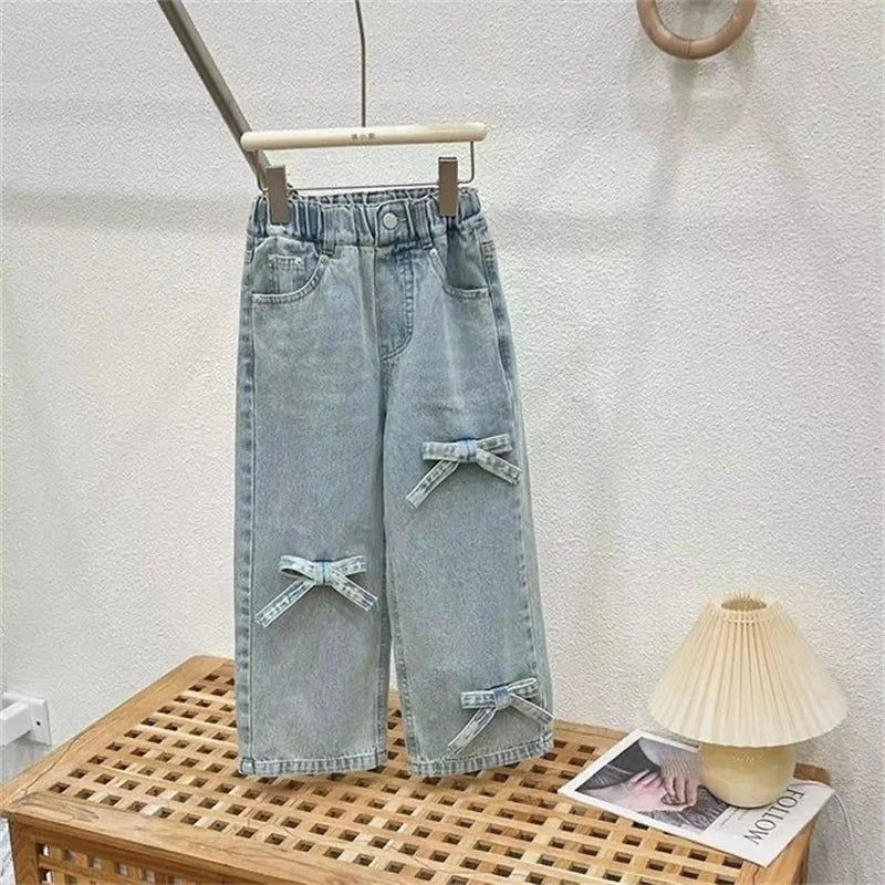 Children's Clothing Sets Girls Bow Top Suit Kids Short-Sleeved T-Shirt Jeans 2 Pieces Summer New Sweet Fashion Outfit 3-10 Years