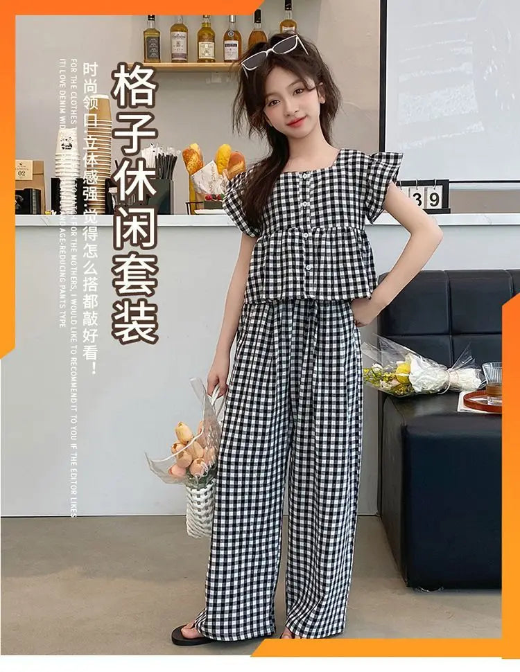 Fashion Kids Girls Clothing Sets 2025 Summer Sleeveless T-shirts + Plaid Wide Leg Pants 2PCS Children's Clothes Teen 4-14 Years