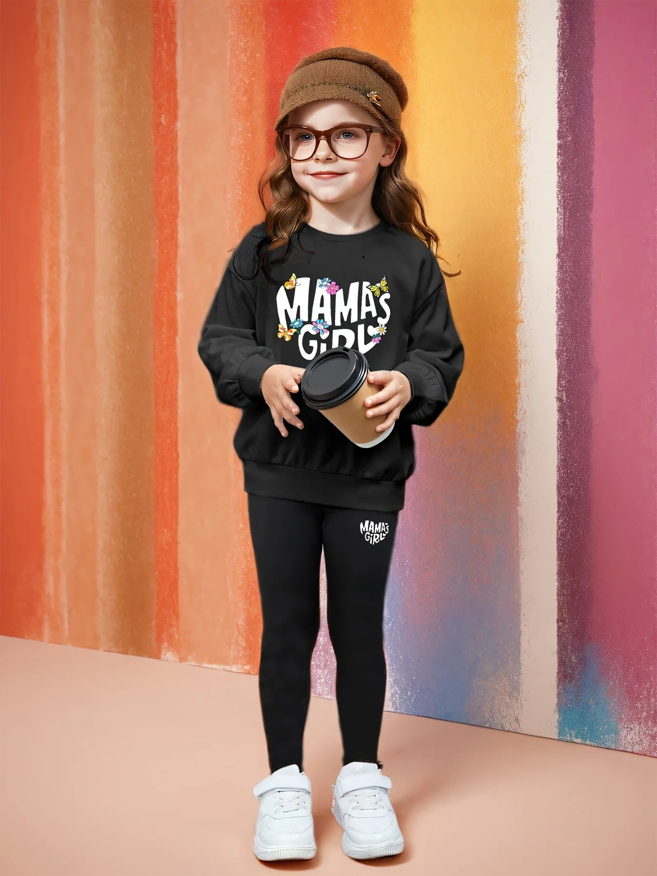 Children's Clothing Girls Suit“ Mama'Sgirl” Printed Long-Sleeved Sweatshirt + Tights 2-Piece Set for Home Comfort and Versatile Round Neck Top