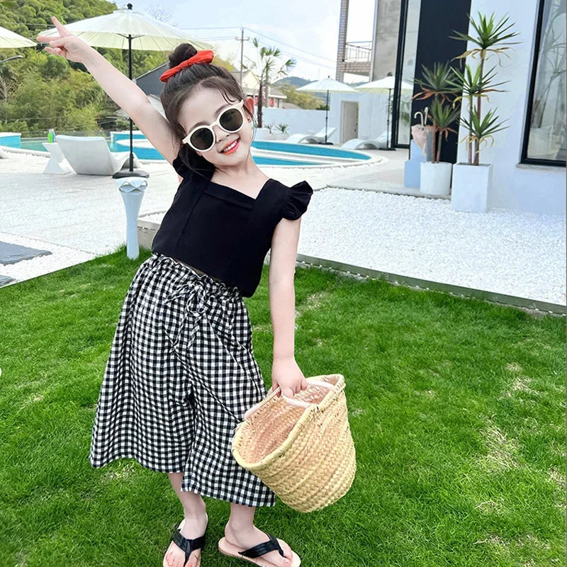 Summer Children'S Girls' Clothing Sets 2024 New Camisole Top Plus Plaid Wide-Leg Pants 2Pcs Fashion Baby Kids Clothes Suit