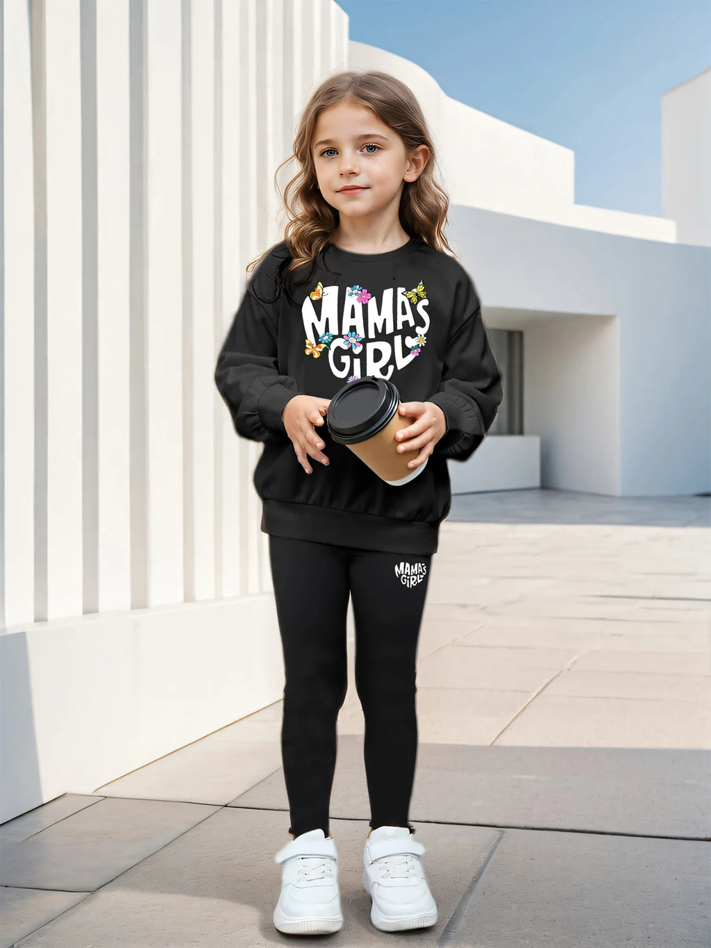 Children's Clothing Girls Suit“ Mama'Sgirl” Printed Long-Sleeved Sweatshirt + Tights 2-Piece Set for Home Comfort and Versatile Round Neck Top