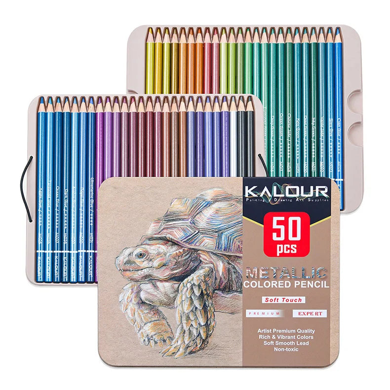 KALOUR Neon Colored Pencils Set 50pcs Fluorescent Metallic/Pastel Color Professional Drawing Art Kit for Adults Beginners Artist