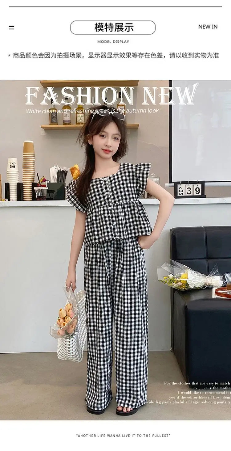 Fashion Kids Girls Clothing Sets 2025 Summer Sleeveless T-shirts + Plaid Wide Leg Pants 2PCS Children's Clothes Teen 4-14 Years