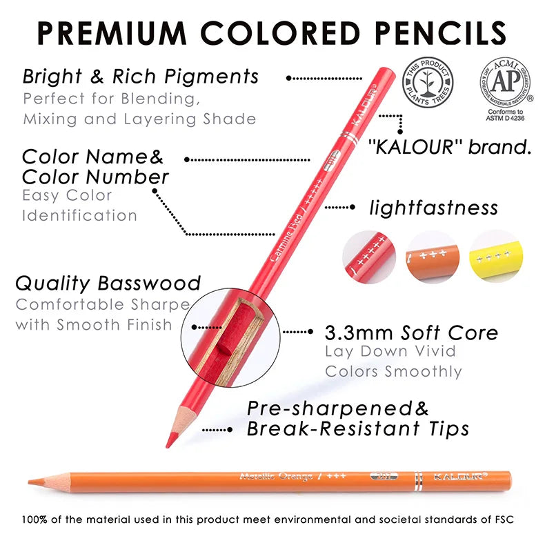 KALOUR Neon Colored Pencils Set 50pcs Fluorescent Metallic/Pastel Color Professional Drawing Art Kit for Adults Beginners Artist