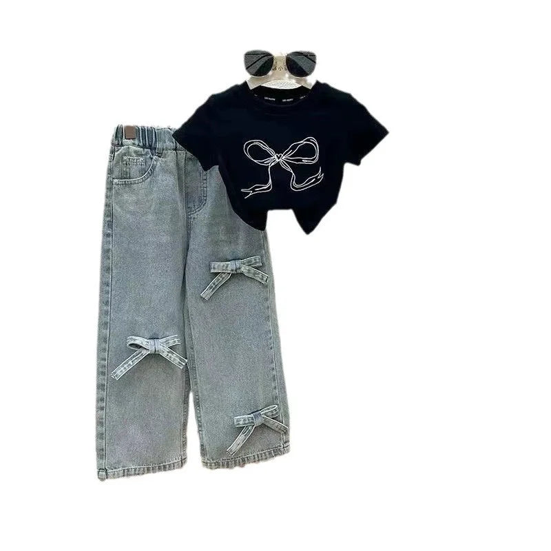 Children's Clothing Sets Girls Bow Top Suit Kids Short-Sleeved T-Shirt Jeans 2 Pieces Summer New Sweet Fashion Outfit 3-10 Years