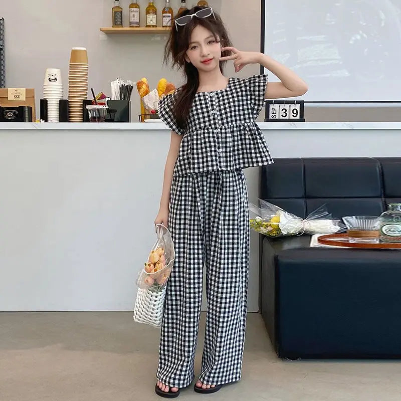 Fashion Kids Girls Clothing Sets 2025 Summer Sleeveless T-shirts + Plaid Wide Leg Pants 2PCS Children's Clothes Teen 4-14 Years