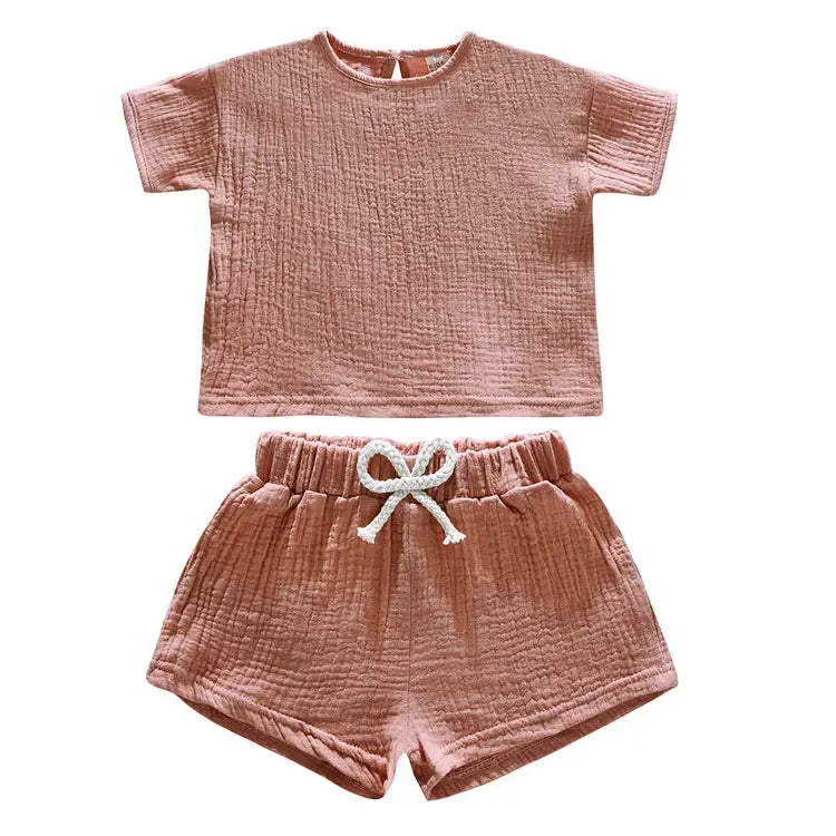 Casual Children Clothing Boys Outfit Set Solid Color Cotton Linen Short Sleeve Tops Shorts 2 PCS Summer Kids Clothing 1-7 Years