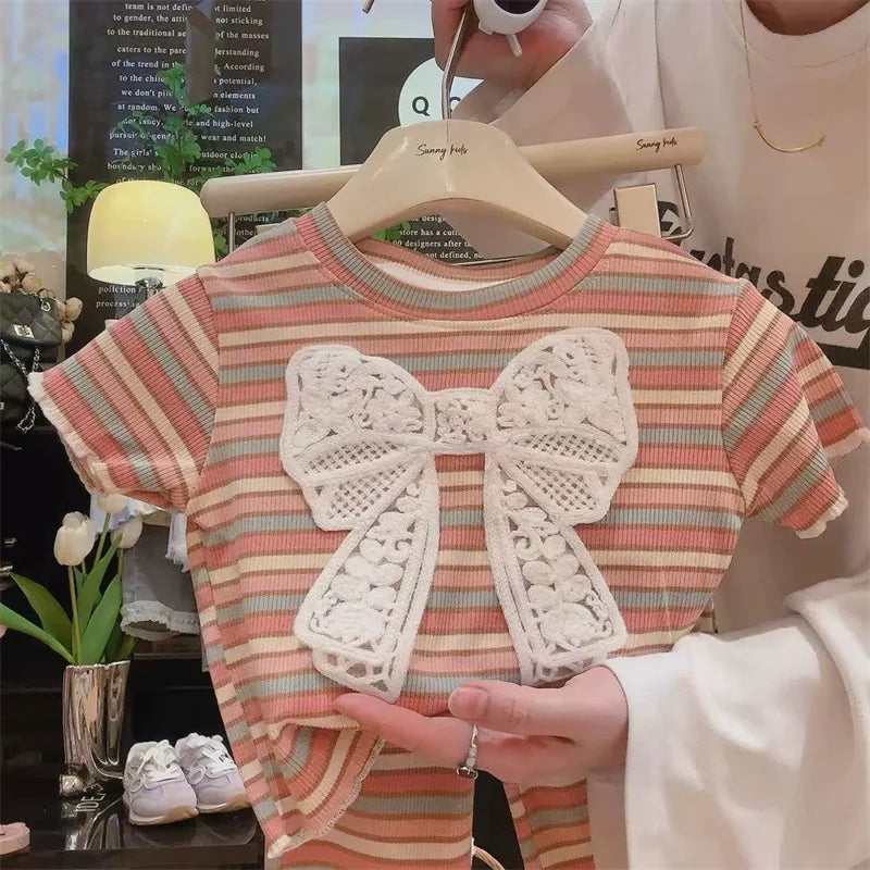 Children's Clothing Sets Girls Bow Top Suit Kids Short-Sleeved T-Shirt Jeans 2 Pieces Summer New Sweet Fashion Outfit 3-10 Years