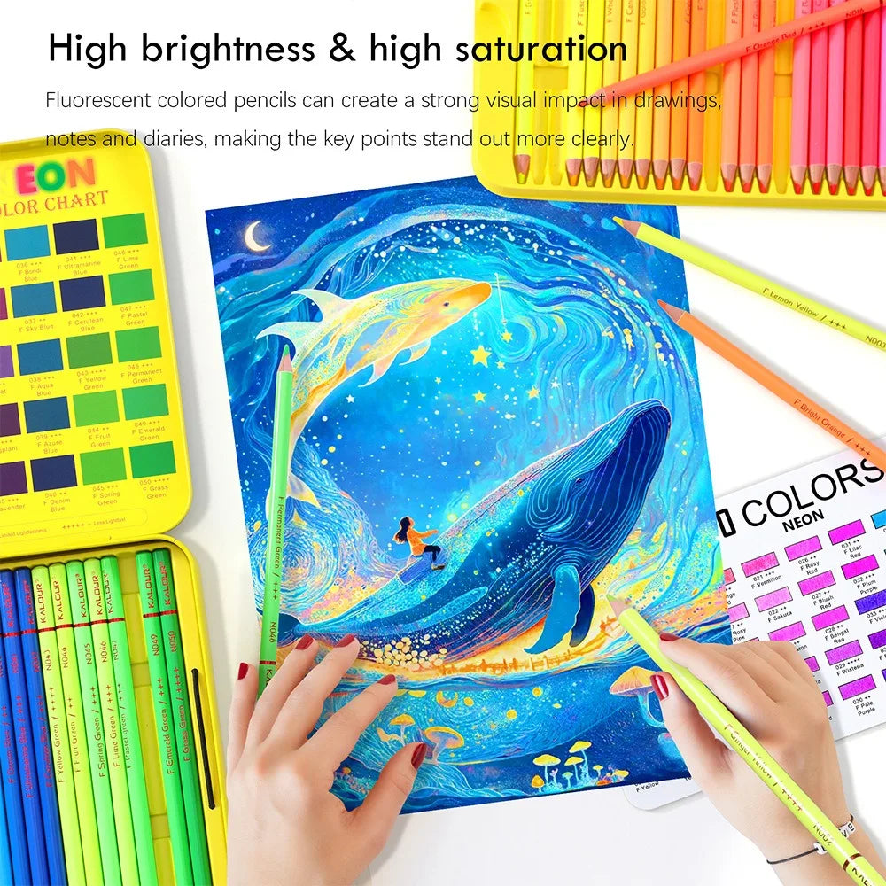 KALOUR Neon Colored Pencils Set 50pcs Fluorescent Metallic/Pastel Color Professional Drawing Art Kit for Adults Beginners Artist