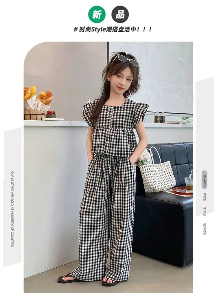 Fashion Kids Girls Clothing Sets 2025 Summer Sleeveless T-shirts + Plaid Wide Leg Pants 2PCS Children's Clothes Teen 4-14 Years