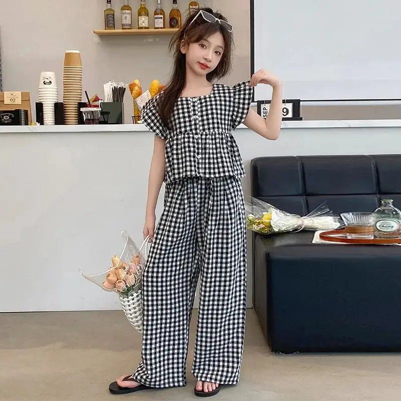 Fashion Kids Girls Clothing Sets 2025 Summer Sleeveless T-shirts + Plaid Wide Leg Pants 2PCS Children's Clothes Teen 4-14 Years