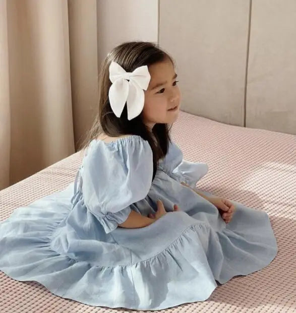 Children Clothing  Girls Dress 2023 Summer Cotton and Linen Back Adjustment Bubble Sleeve Princess Sweet Simple Dress for Girls
