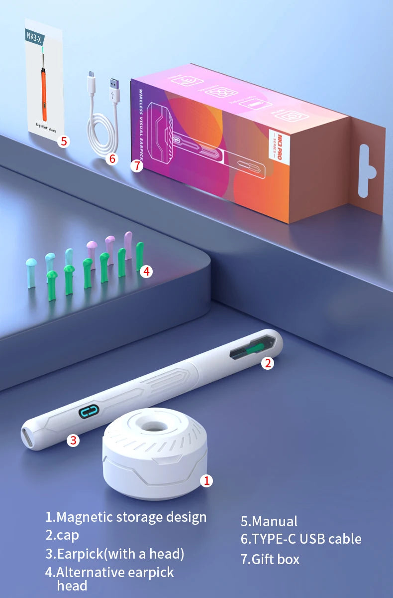 Ear Cleaner with Camera Set HD Ear Sticks Otoscope USB C Charging Endoscope Wax Removal Tool Earpick Ear Cleaning Set NK3 Pro