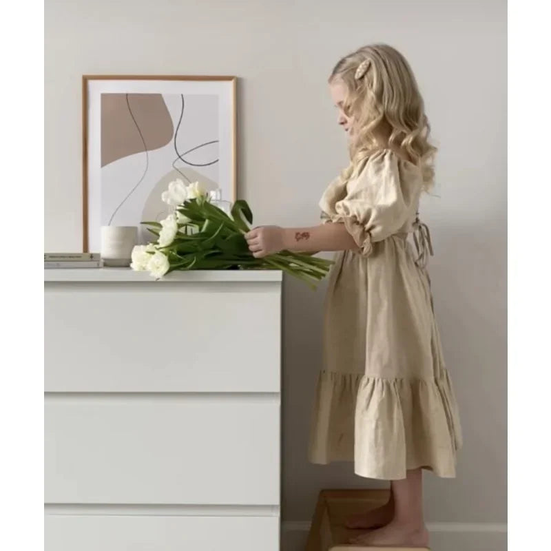 Children Clothing  Girls Dress 2023 Summer Cotton and Linen Back Adjustment Bubble Sleeve Princess Sweet Simple Dress for Girls