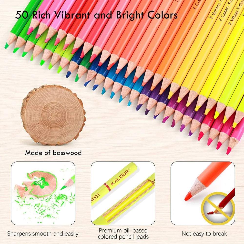 KALOUR Neon Colored Pencils Set 50pcs Fluorescent Metallic/Pastel Color Professional Drawing Art Kit for Adults Beginners Artist
