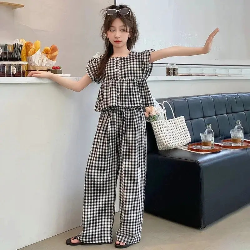 Fashion Kids Girls Clothing Sets 2025 Summer Sleeveless T-shirts + Plaid Wide Leg Pants 2PCS Children's Clothes Teen 4-14 Years