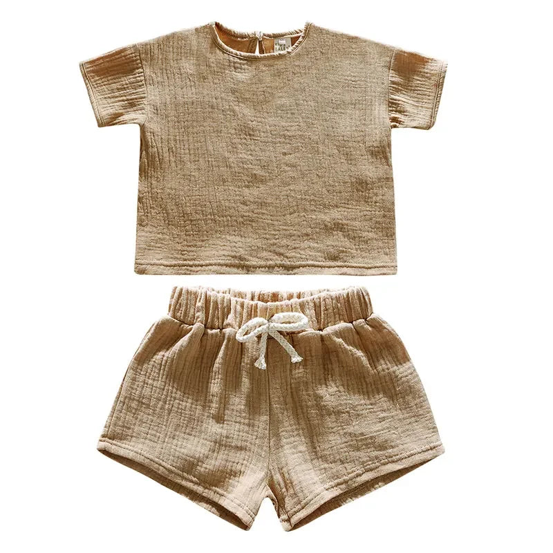 Casual Children Clothing Boys Outfit Set Solid Color Cotton Linen Short Sleeve Tops Shorts 2 PCS Summer Kids Clothing 1-7 Years