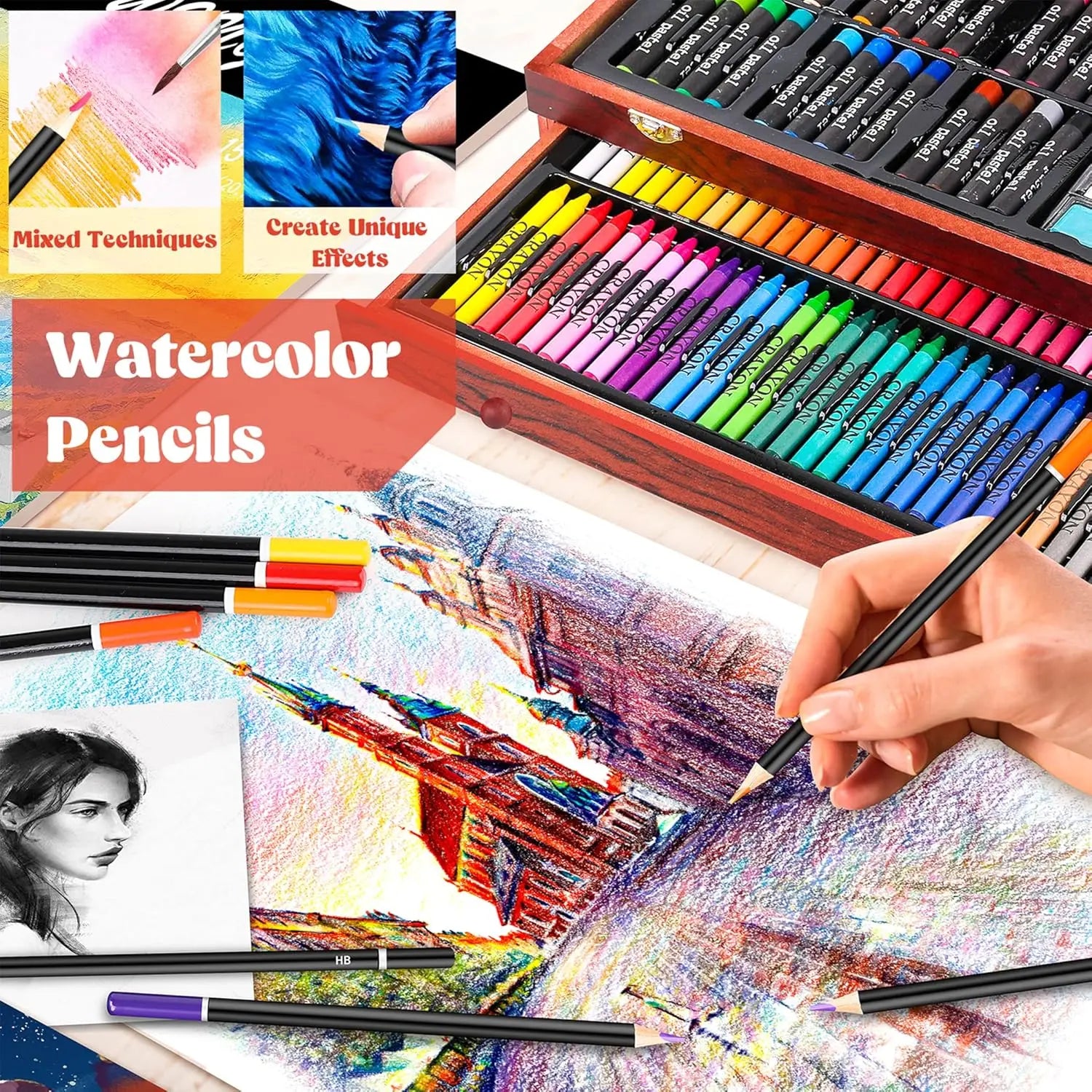 Art Supplies, Aesthetic Cute Preppy Stuff School Supplies, 142-Pack Deluxe Wooden Art Set Crafts Drawing Painting Coloring Kit