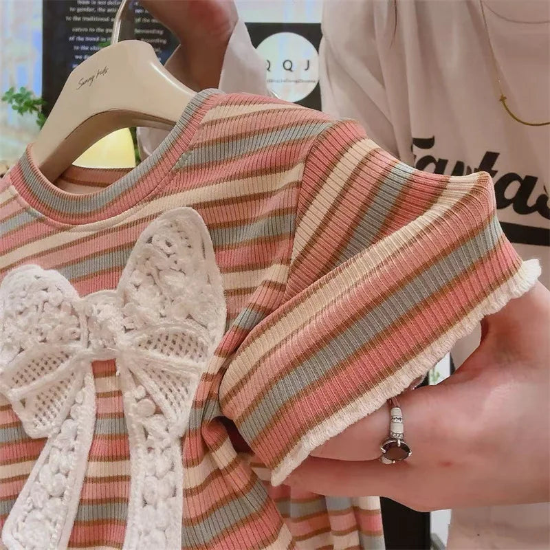 Children's Clothing Sets Girls Bow Top Suit Kids Short-Sleeved T-Shirt Jeans 2 Pieces Summer New Sweet Fashion Outfit 3-10 Years