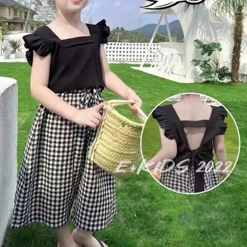 Summer Children'S Girls' Clothing Sets 2024 New Camisole Top Plus Plaid Wide-Leg Pants 2Pcs Fashion Baby Kids Clothes Suit