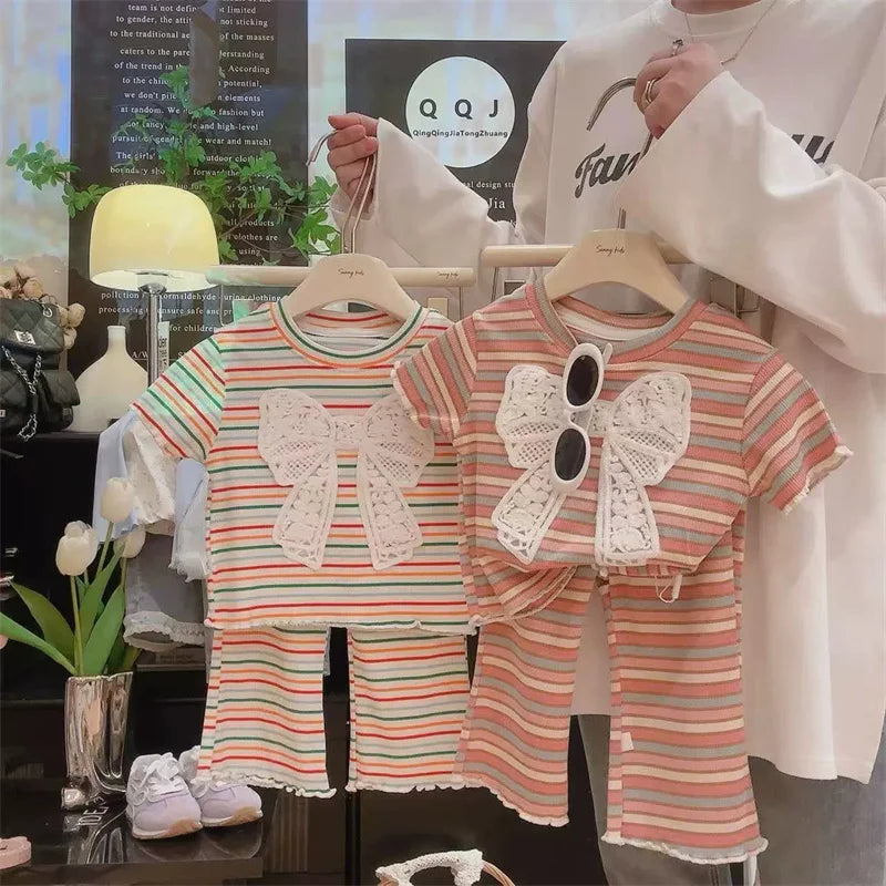 Children's Clothing Sets Girls Bow Top Suit Kids Short-Sleeved T-Shirt Jeans 2 Pieces Summer New Sweet Fashion Outfit 3-10 Years