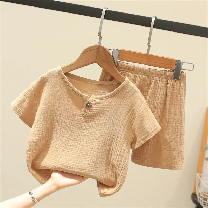 Summer Children's Clothing Set for 0-6Y Boys & Girls Cotton Linen Muslin Suit T-shirt Tops + Shorts 2pcs Baby Loungewear Outfit